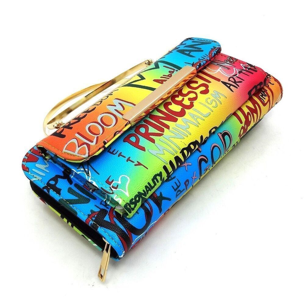 Women's Multi Graffiti Print Round Top Handle Crossbody Bag Clutch Wallet - Picture 3 of 7
